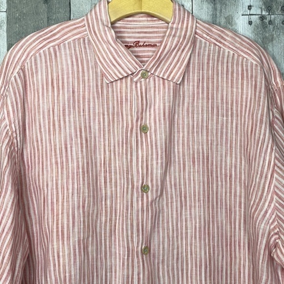 TOMMY Bahama 100% linen red/pink and white striped long sleeve button down. XL - Picture 2 of 13